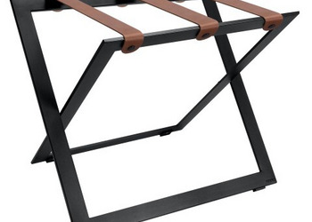 Stojak na bagaż R04BS - stal czarna z brązowymi (koniak) skórzanymi pasami